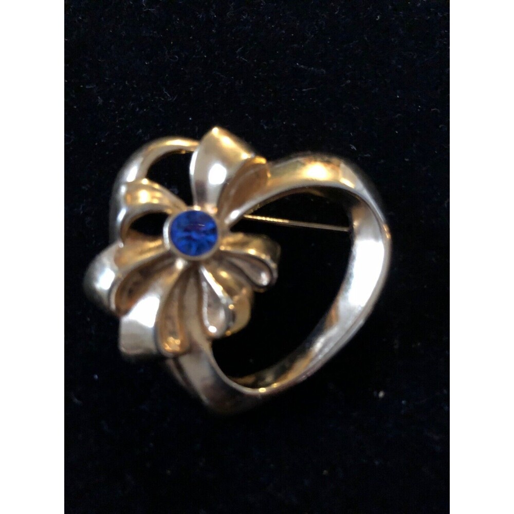 Rhinestone Heart Brooch AVON Blue Accent Bow Shiny Gold Tone Signed